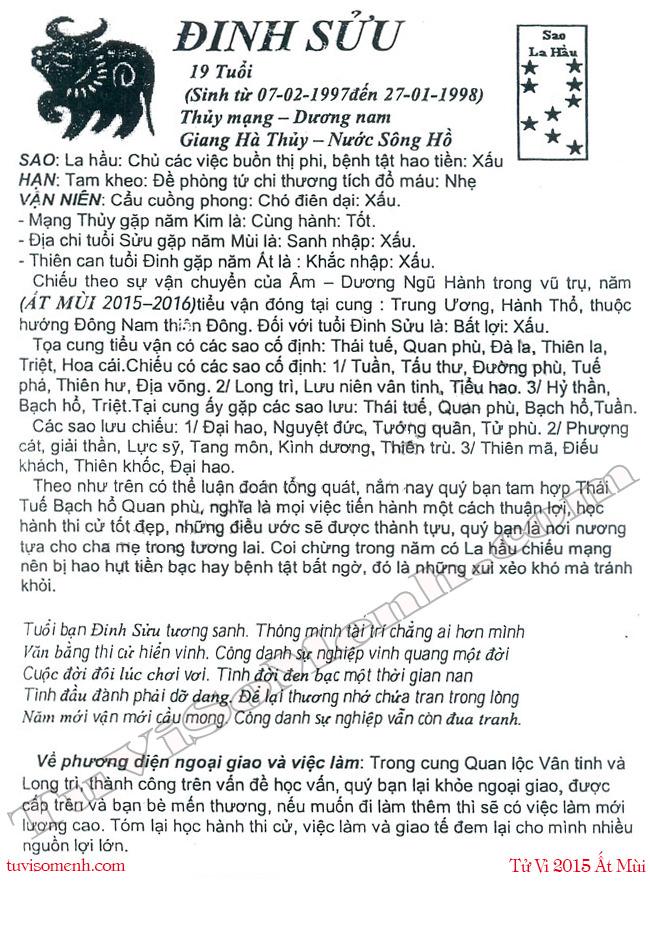 Tử vi 2015 tuổi Đinh Sửu nam mạng chi tiết | Bói Tử Vi