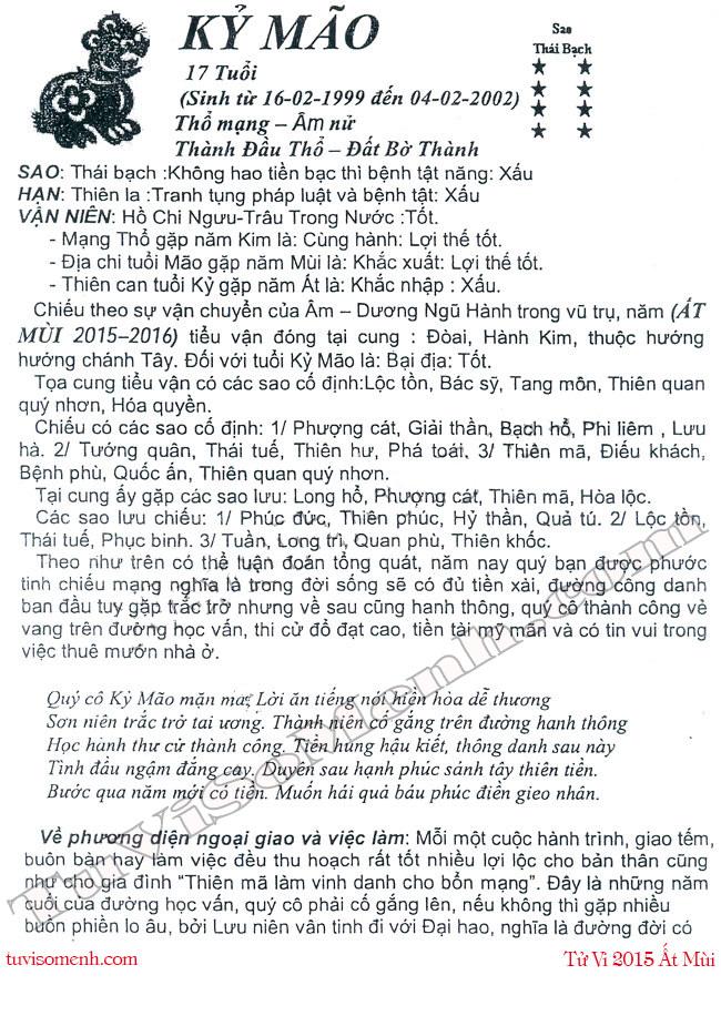 Tử vi 2015 tuổi Kỷ Mão nữ mạng chi tiết | Bói Tử Vi